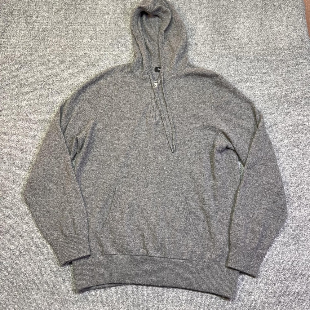 NAADAM 100% Cashmere Hoodie Mens Large Gray Sweater Hooded 1/4 Zip Pullover Knit